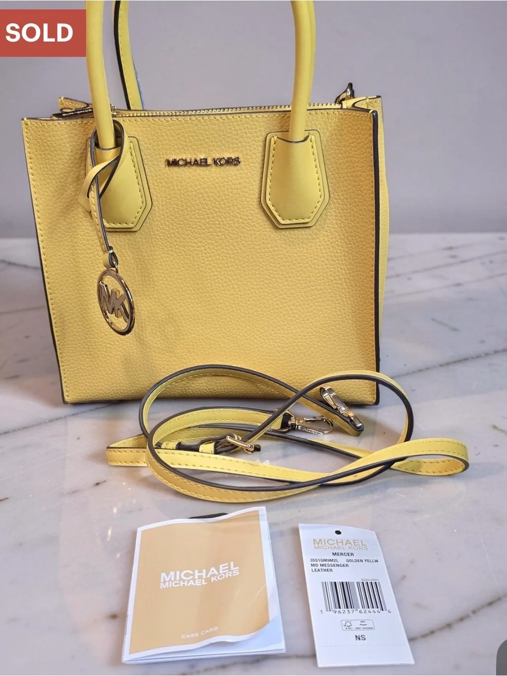 Michael Kors Mercer Pebbled Leather Crossbody Bag Daffodil Yellow NWOT
